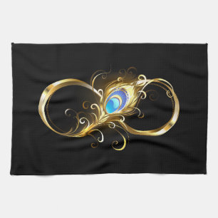 Infinity with Golden Peacock Feather Kitchen Towel