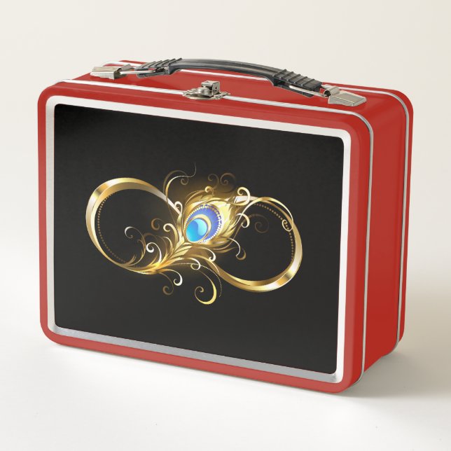 Infinity with Golden Peacock Feather Metal Lunch Box (Front)