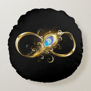 Infinity with Golden Peacock Feather Round Pillow