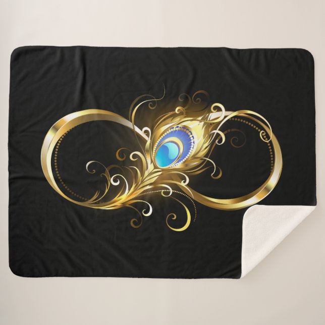 Infinity with Golden Peacock Feather Sherpa Blanket (Front (Horizontal))
