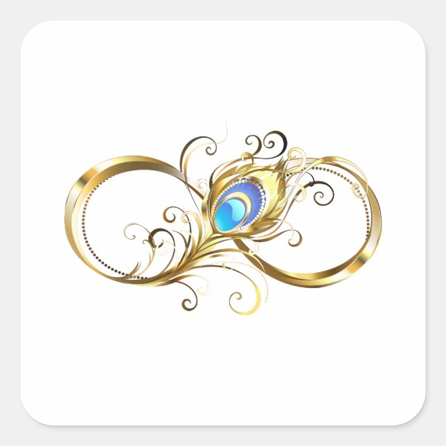 Infinity with Golden Peacock Feather Square Sticker (Front)