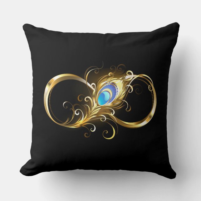 Infinity with Golden Peacock Feather Throw Pillow (Front)