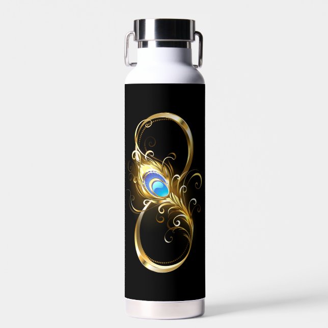 Infinity with Golden Peacock Feather Water Bottle (Front)