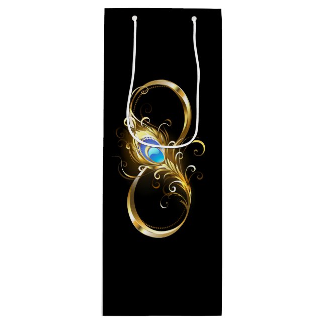 Infinity with Golden Peacock Feather Wine Gift Bag (Front)