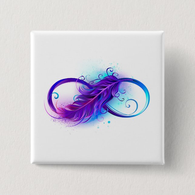 Infinity with Purple Feather 2 Inch Square Button (Front)