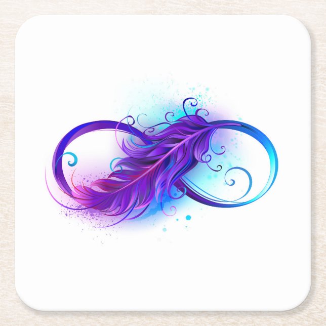 Infinity with Purple Feather Square Paper Coaster (Front)