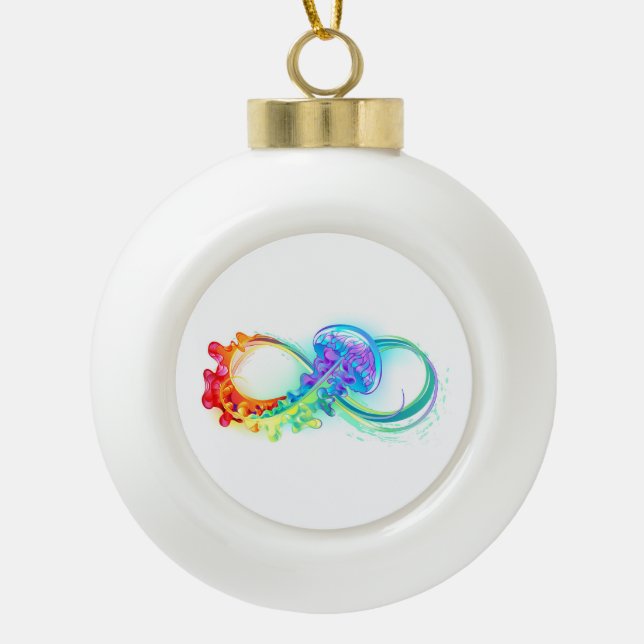 Infinity with Rainbow Jellyfish Ceramic Ball Christmas Ornament (Front)