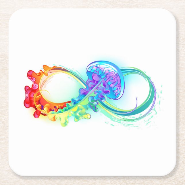 Infinity with Rainbow Jellyfish Square Paper Coaster (Front)