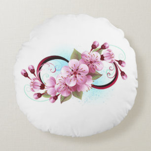 Infinity with Sakura Blossom Flowers Round Pillow
