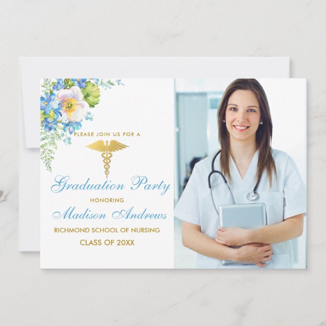 Infirmière Blue Floral Gold Invitation (Devant)