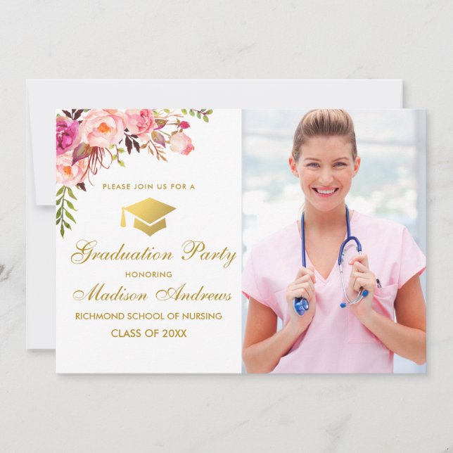 Infirmière Floral Rose Gold Invitation (Devant)