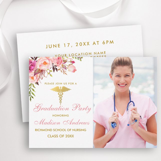Infirmière Floral Rose Grad Party Invitation Gold (Customize to change text size, color or text style.)