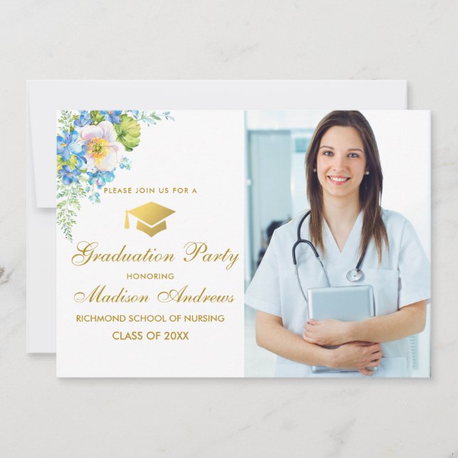 Infirmière Gold Blue Floral Grad Party Invitation (Devant)