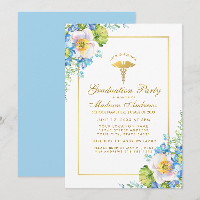 Infirmière Gold Blue Floral Grad Party Invitation  (Devant / Derrière)