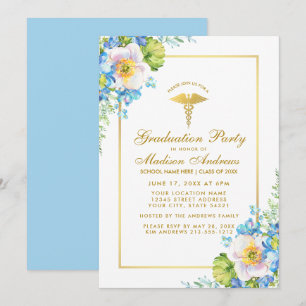 Infirmière Gold Blue Floral Grad Party Invitation