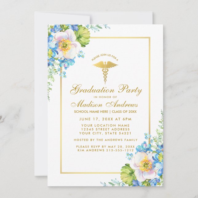 Infirmière Gold Blue Floral Grad Party Invitation (Devant)