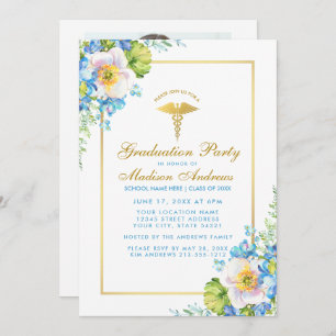 Infirmière Gold Blue Grad Party Invitation - Photo
