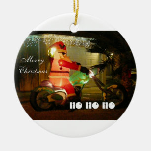Inflatable Santa Rides a Motocycle Ceramic Ornament