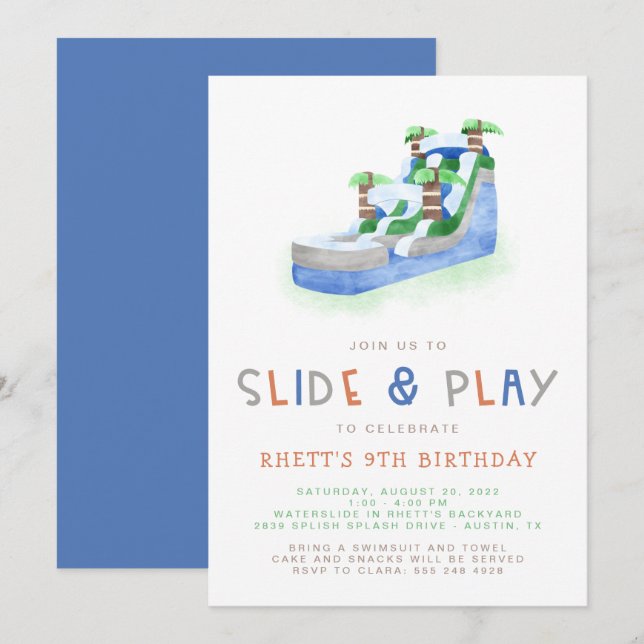 Inflatable Water Slide Birthday Party Invitation (Front/Back)