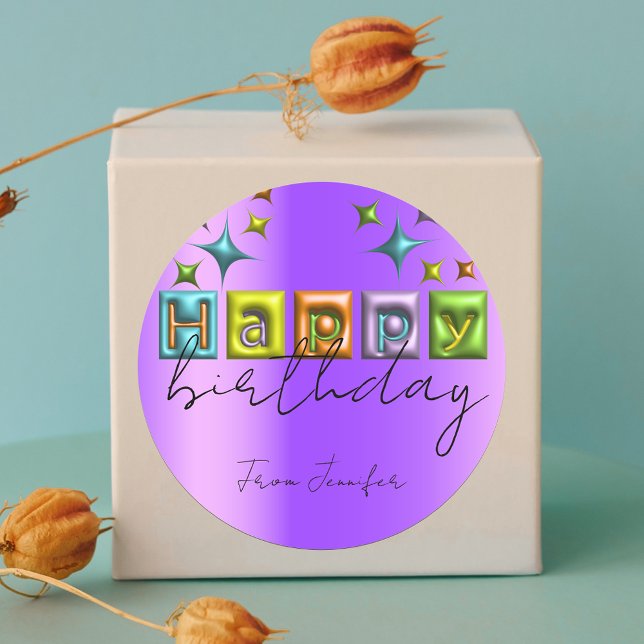 Inflated 3D Typography and Sparkles Happy Birthday Classic Round Sticker (Creator Uploaded)