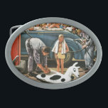 Inflating Beach Toy Oval Belt Buckle<br><div class="desc">Artist: Stevan Dohanos | Gas station attendant inflating boy's beach toy</div>