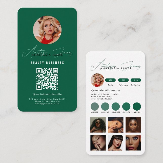 Influencer Feed Grid Social Media QR Code Green Business Card (Front/Back)