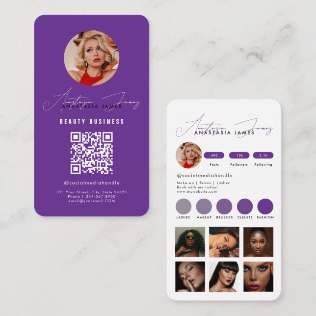 Influencer Feed Grid Social Media QR Code Purple Business Card (Front/Back)