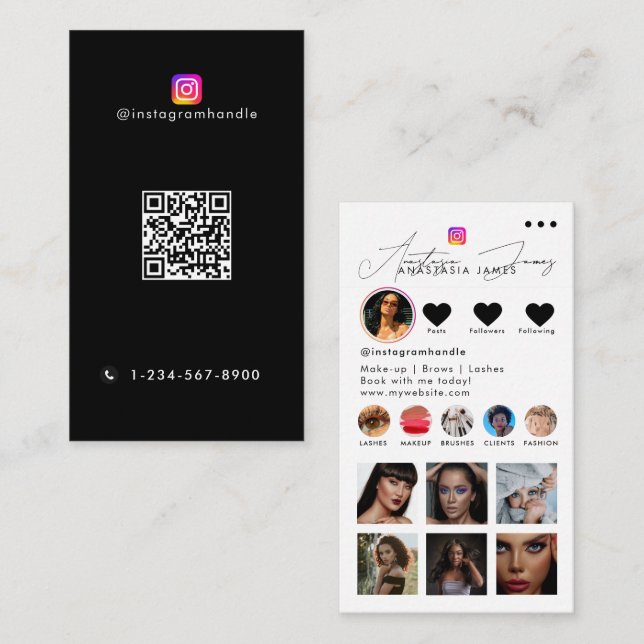 Influencer Photo Feed Social Media QR Code Black Business Card (Front/Back)
