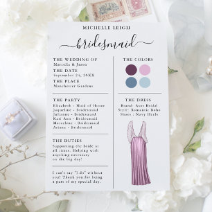 Info Carte Bridesmaid Détails Plum, Lavande, Bleu