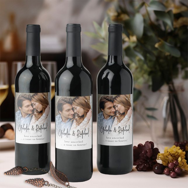 Informal Script Names Motto Photo Overlay Wedding Wine Label (Creator Uploaded)