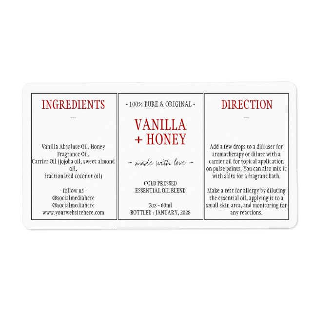 Ingrédients de miel de vanille cosmétique (Devant)