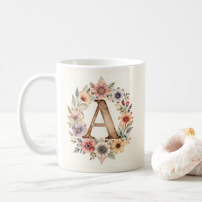 Inital A Flower boho floral Mug  (With Donut)