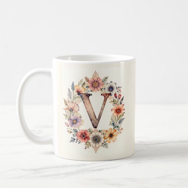 Inital V Flower boho floral Mug  (Left)