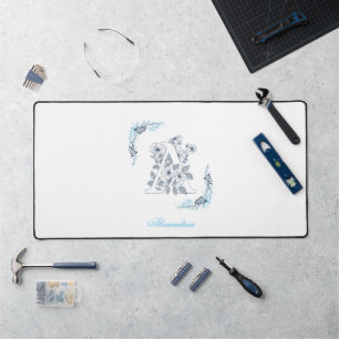 Initial "A" Blue Monogram Calm Floral Desk Mat