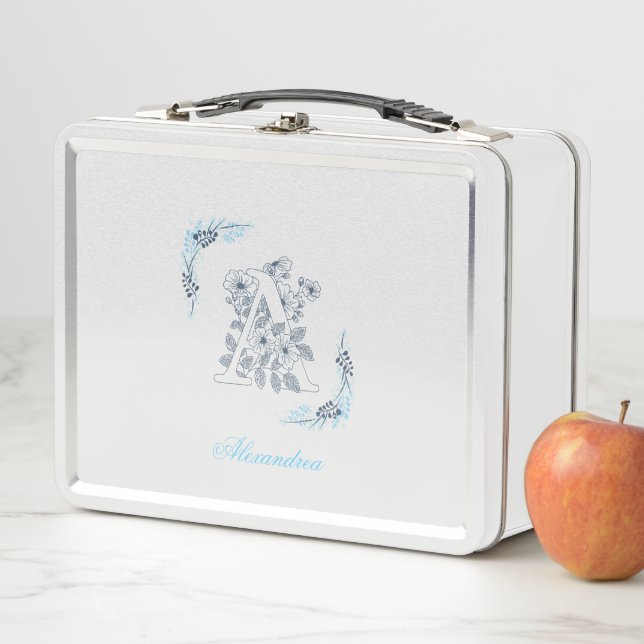 Initial "A" Blue Monogram Calm Floral Metal Lunch Box (In Situ)