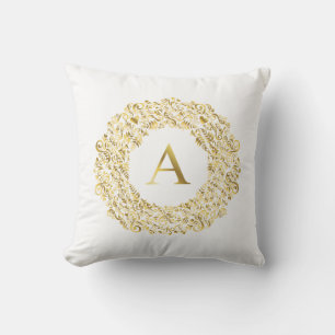 Initial A golden Damask Classic Pattern Throw Pillow