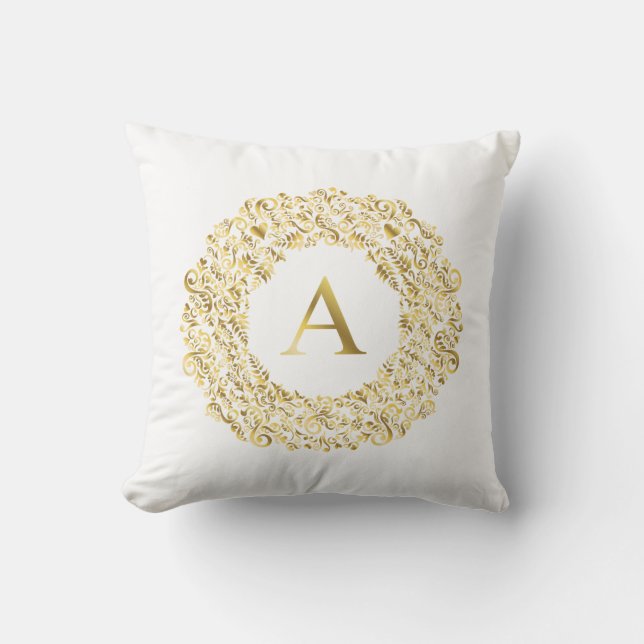 Initial A golden Damask Classic Pattern  Throw Pillow (Front)