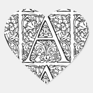 Initial A  Monogram Floral Scroll Pattern Heart Sticker