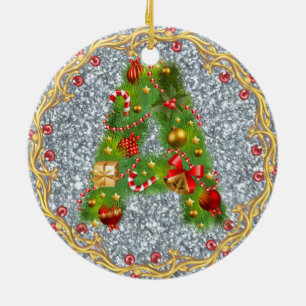 initial A monogrammed christmas ornament silver