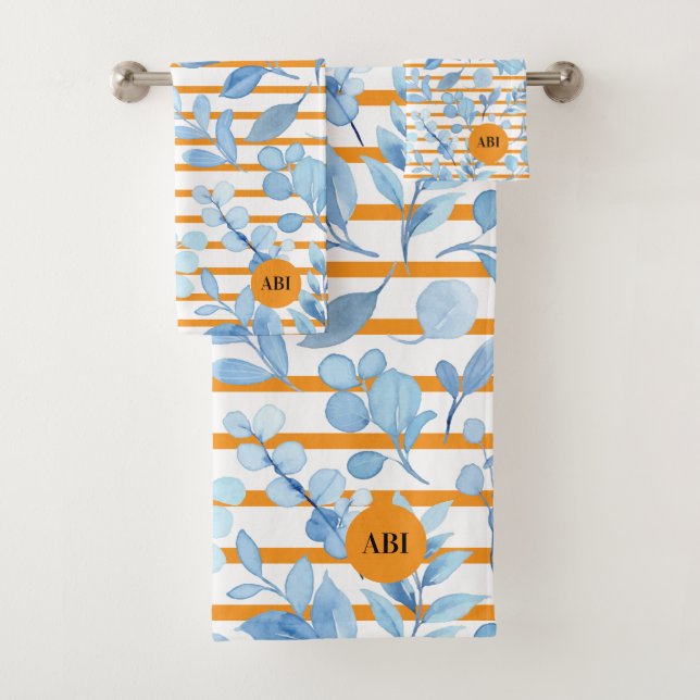 Initial adorable colours blue flowers orange strip bath towel set (Insitu)