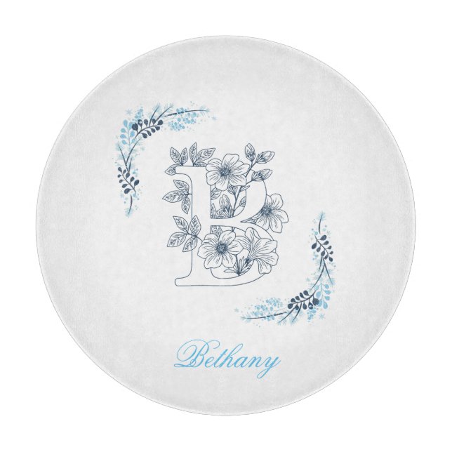 Initial "B" Blue Monogram Calm Floral Cutting Board (Front)