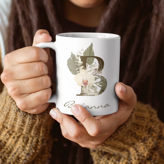 Initial B Boho Floral Orchid Greenery Custom Name Coffee Mug (Creator Uploaded)