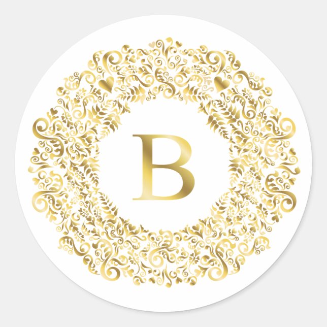 Initial B golden Damask Classic Pattern  Round Sticker (Front)