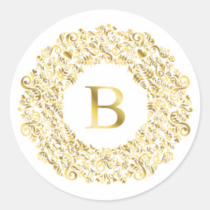 Initial B golden Damask Classic Pattern  Round Sticker