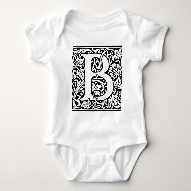 Initial B Monogram. Customized Name Floral Pattern Baby Bodysuit (Front)