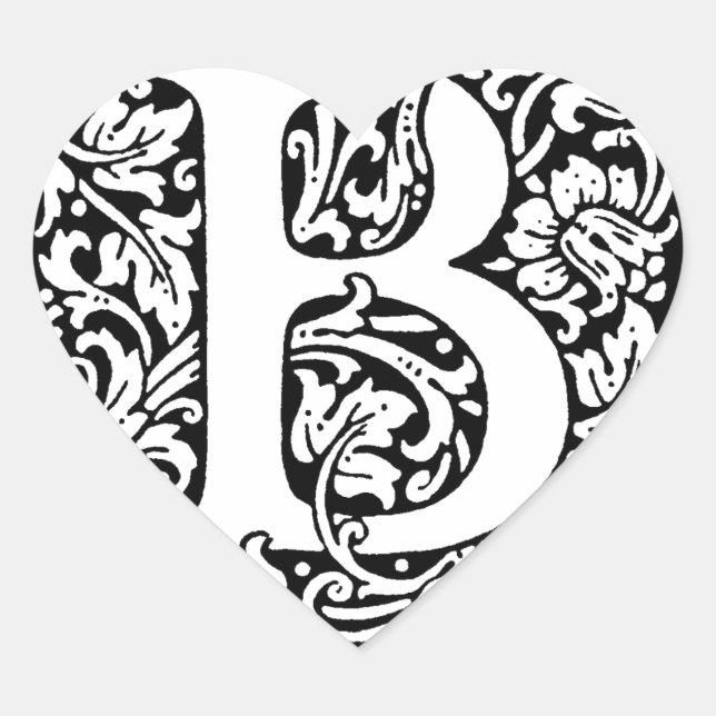 Initial B Monogram. Customized Name Floral Pattern Heart Sticker (Front)