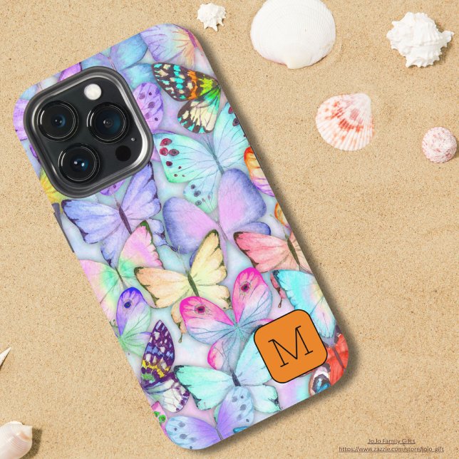 Initial Butterfly Watercolor Purple and Orange iPhone Case (Colorful butterflies phone cases. Gradient color butterfly pattern phone case for her.)