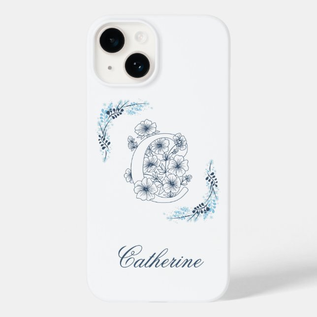 Initial "C" Blue Monogram Calm Floral Case-Mate iPhone Case (Back)