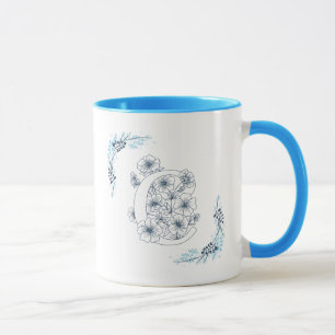 Initial "C" Blue Monogram Calm Floral Coffee Mug