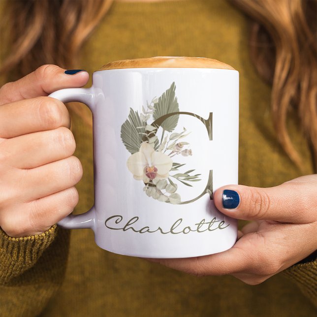 Initial C Boho Floral Orchid Greenery Custom Name Coffee Mug (Creator Uploaded)